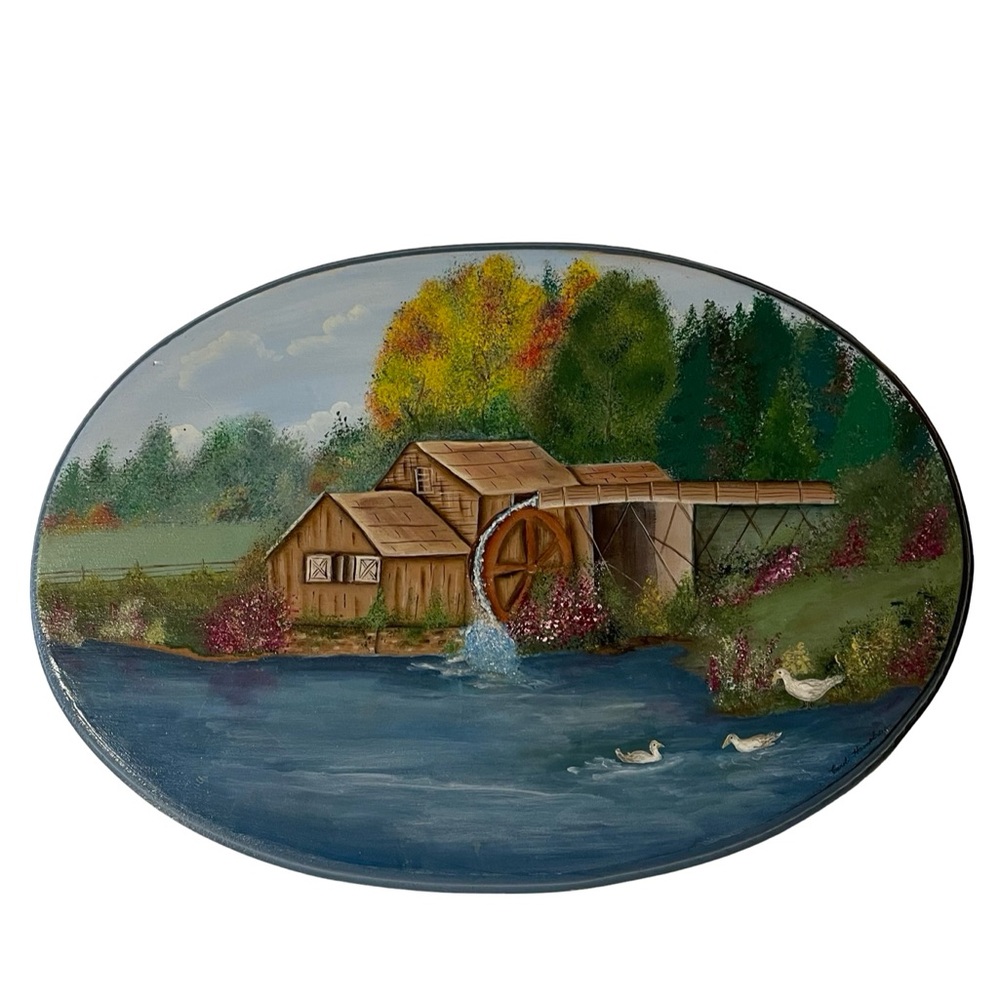🪿Vintage Hand-Painted Watermill Scene – Geese, Pond, Flowers 🪿